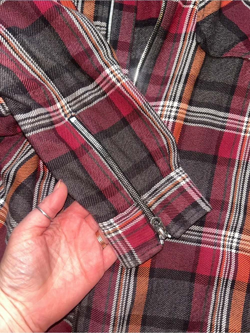 True Religion Red and Black Plaid Zip Up Shirt